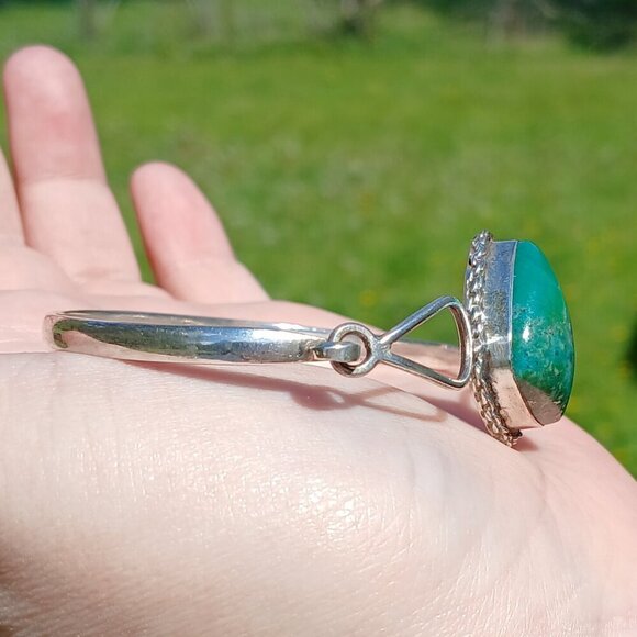 Vintage Sterling Silver & Chrysocolla Stone Hook Clasp Reygo 925 Mexico Bangle - Picture 5 of 13